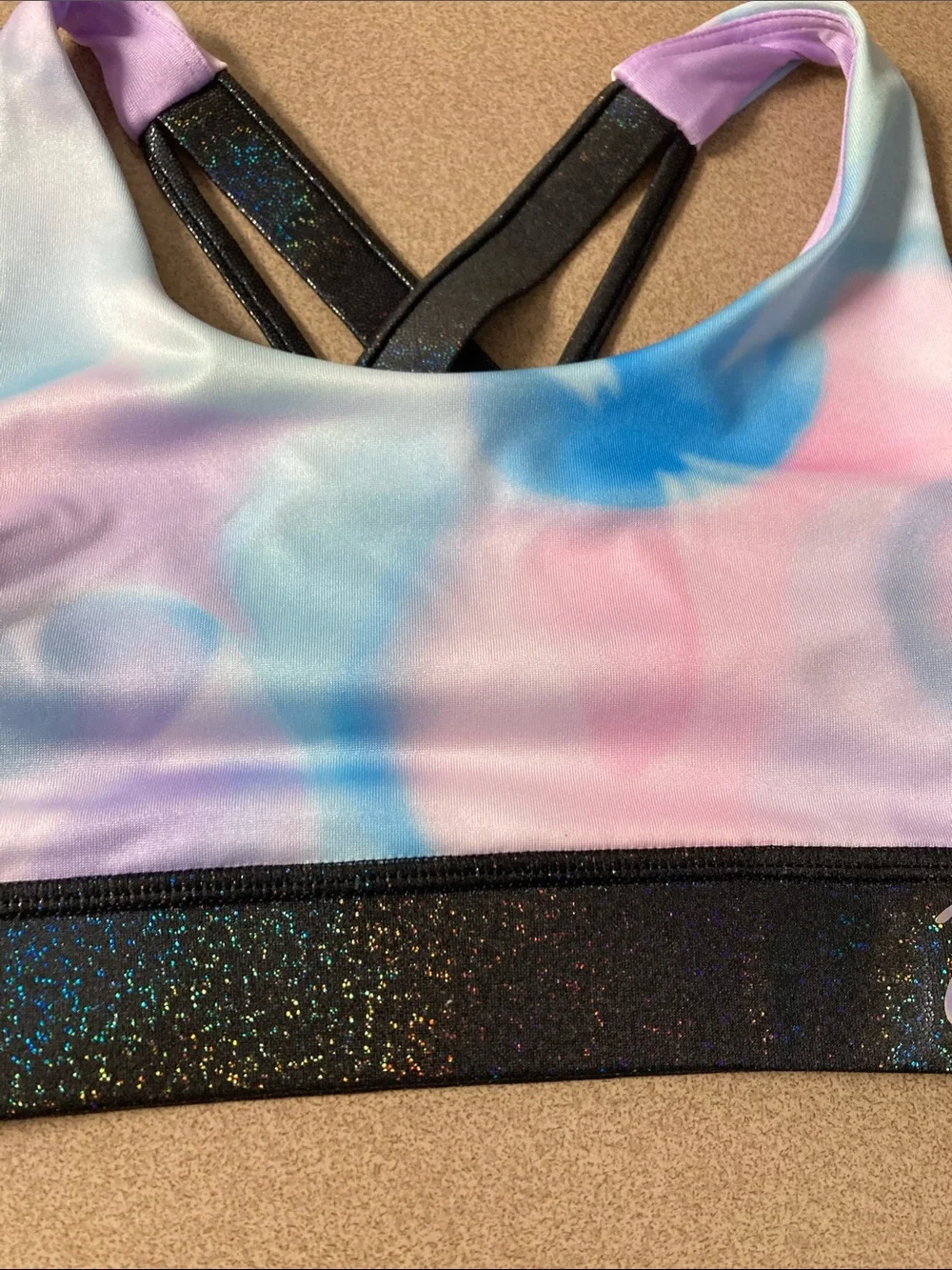 Justice Tie-Dye Sports Bra with Glitter Logo Band - Pink Blue Purple